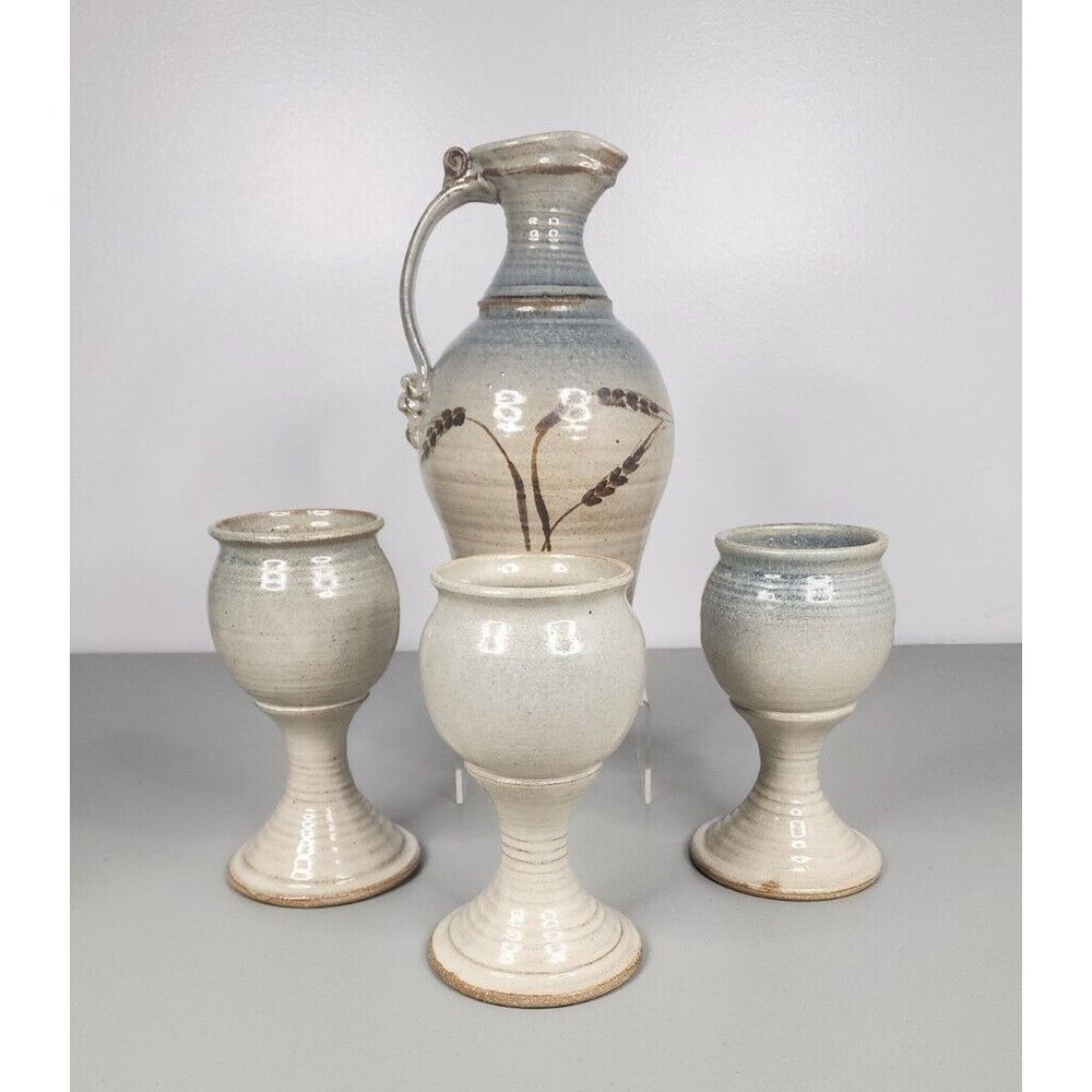 Studio pottery pitcher and cups signed Taylor Beautiful brown blue Wheat pattern